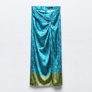 NWT Zara Twisted Satin Turquoise and Olive Patterned Skirt With Slit